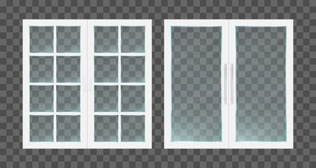 Poster - Realistic white pvc transparent glass doors with metallic handles. Vector illustration.
