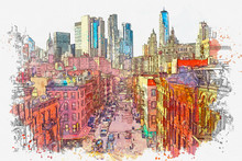 Watercolor Sketch Or Illustration Of A Beautiful View Of The Street In Chinatown In New York In The USA. Everyday City Life