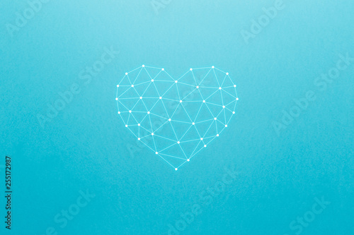 Concept of neural network with heart on the blue background. Artificial intelligence, machine and deep learning, neural networks and another modern technologies. New minimal creative concept