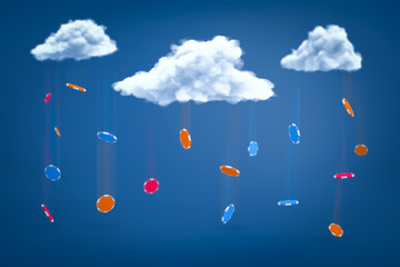 Poster - 3d rendering of casino chips falling out of white clouds on blue background