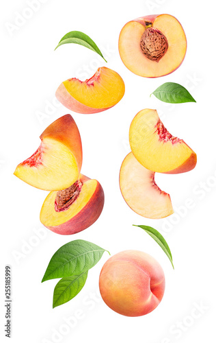 Cuadros en Lienzo Falling peach isolated on white background