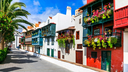 Wall Mural - Traditional colonial architecture of Canary islands . capital of La palma - Santa Cruz with colorful balconies