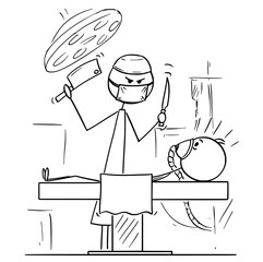 Wall Mural - Cartoon stick figure drawing conceptual illustration of mad doctor surgeon on operating theater ready to operate patient with cleaver or chopper and knife.