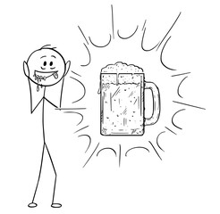 Sticker - Cartoon stick figure drawing conceptual illustration of crazy and thirsty man who see vision of glass beer mug or pint.