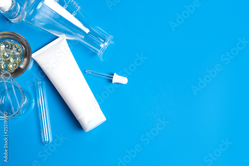 Download Top View Close Up Science And Treatment Cream Lotion Aromatic Beauty Cosmetic Skincare With Test Tube And Mockup Product On Blue Background Stock Photo Adobe Stock