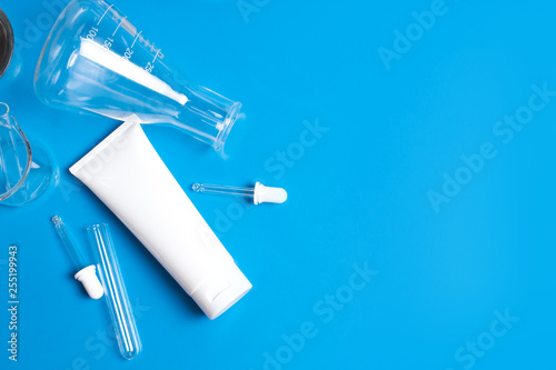Download Top View Close Up Science And Treatment Cream Lotion Aromatic Beauty Cosmetic Skincare With Test Tube And Mockup Product On Blue Table White Background Buy This Stock Photo And Explore Similar PSD Mockup Templates