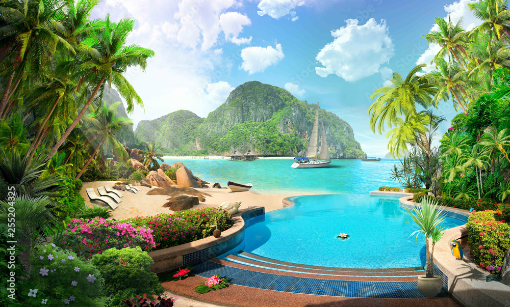 tropical beach in thailand, yacht hotel - obrazy, fototapety, plakaty 