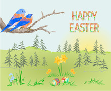 Easter Spring Landscape Forest And Birds Bluebirds And Easter Eggs In The Grass With Narcissus Vintage Vector Illustration Editable Hand Draw
