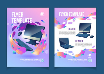 computers trading company, innovative it or technological startup advertising flyer or banner cartoo