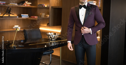 Man model in expensive custom tailored tuxedo, suit standing in his office and p Canvas-taulu