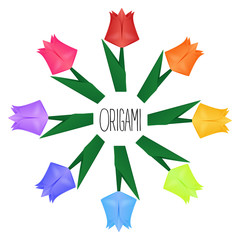 circle of origami paper flowers of rainbow colors isolated on a white background as an origamy book cover 