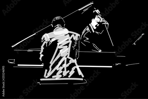 Cuadros en Lienzo White silhouette of pianist and bass player on black background