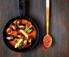 Mussels in red sauce on wooden background.