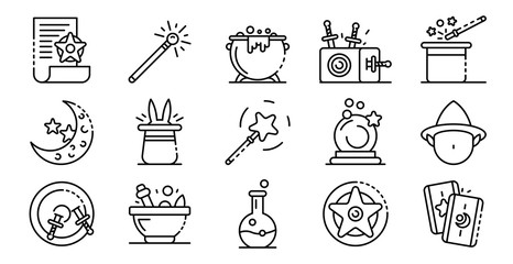 Wall Mural - Wizard tools icons set. Outline set of wizard tools vector icons for web design isolated on white background