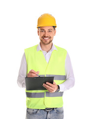 Wall Mural - Male industrial engineer in uniform with clipboard on white background. Safety equipment