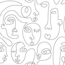 One Line Drawing Abstract Face Seamless Pattern. Modern Minimalism Art, Aesthetic Contour. Continuous Line Background With Woman And Man Faces. Vector Group Of People