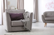 Comfortable armchair with soft cushion in modern living room interior. Space for text