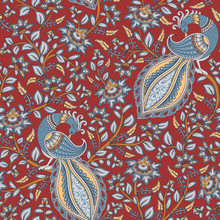 Floral Seamless Pattern With Peacocks On Dark Red Background.