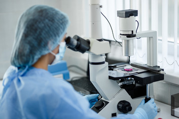 Cell culture laboratory. Cell-based products quality control. A biologist's work place.