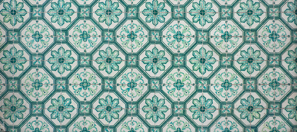 Ornate brightly colored portugese tile texture in green and white - obrazy, fototapety, plakaty 