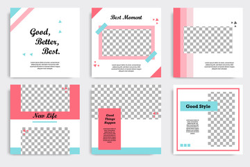 Wall Mural - Set of editable social media post template in white, red, pink, turquoise blue background. Using Memphis triangle square pattern