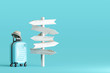 canvas print picture - Blue suitcase and hat, camera with signpost on pastel blue background. travel concept. 3d rendering