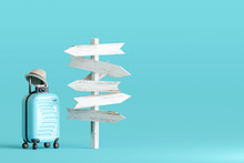 Blue Suitcase And Hat, Camera With Signpost On Pastel Blue Background. Travel Concept. 3d Rendering