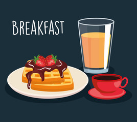 Poster - waffles with chocolate sauce and orange juice with coffee