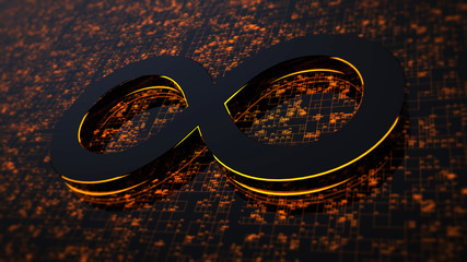 3D rendering abstract image of the symbol of infinity. Background consisting of glow numbers and lines. The concept of circulation of information