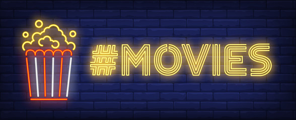 Wall Mural - Movies neon text with hashtag and popcorn bucket