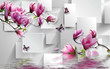 3d illustration, light background, rectangles, butterflies, magnolia