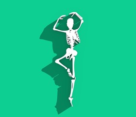 Wall Mural - Human skeleton dancing. Halloween party design template. 3D rendering. Web icon with long shadow