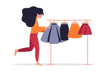 Young Woman Chooses A Skirt From Colorful Skirts Hanging On A Hanger.  Vector Illustration Isolated Of White Background