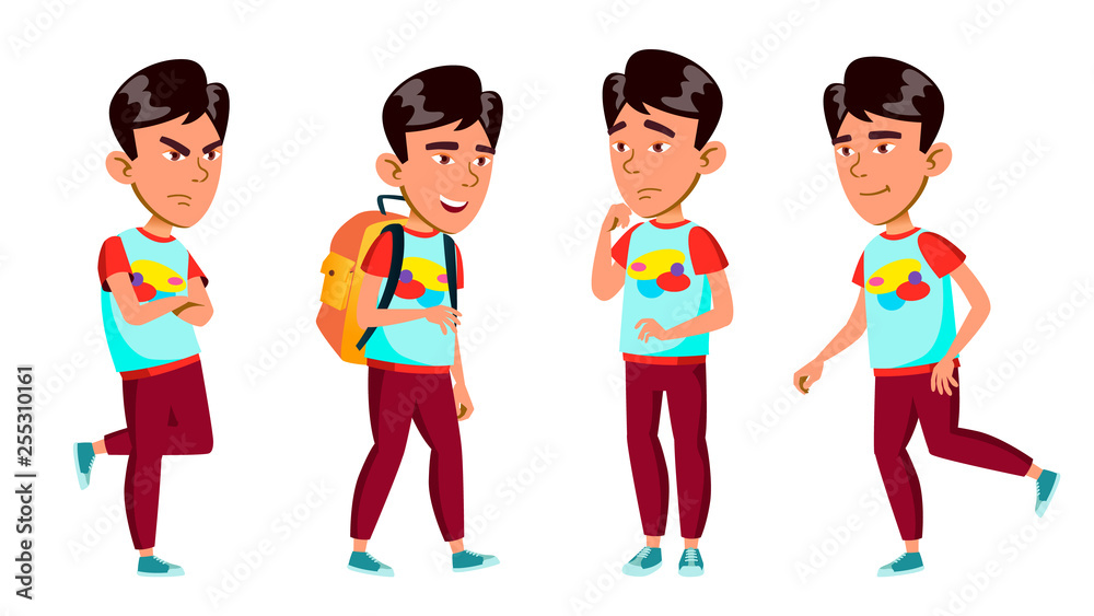 เวกเตอร์ Stock Asian Boy Schoolboy Kid Poses Set Vector. Primary School ...