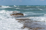 Fototapeta Pomosty - Waves Crashing on Rocks on the Southern Italian Mediterranean Coast