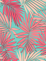 Wall Mural - Tropical seamless pattern with leaves. Beautiful tropical isolated leaves. Fashionable summer background with leaves for Tropical seamless pattern. Palm tree leaves. For print, wallpaper, fabric.