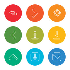 Poster - outline stroke download, down arrow, up arrow, download, upload, left arrow, move, right transfer, vector line icons set on rounded colorful shapes