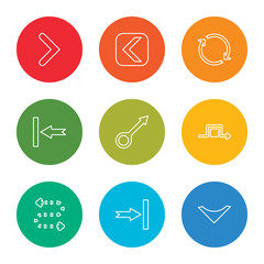Poster - outline stroke down arrow, next, curved arrow, square, drag, back, spin, left arrow, right vector line icons set on rounded colorful shapes