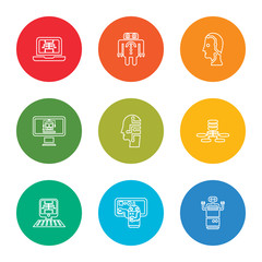 Poster - outline stroke robot, teaching, computer, network, artificial intelligence, assistant, artificial intelligence, robot, laptop, vector line icons set on rounded colorful shapes