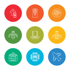 Fototapete - outline stroke aeroplane, chip, business, robot, servers, robot, network, business, smart home, vector line icons set on rounded colorful shapes