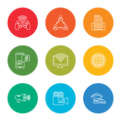 Poster - outline stroke sport shoe, video, communication, world, laptop, hashtag, copywriter, communication, gameplay, vector line icons set on rounded colorful shapes