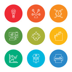 Poster - outline stroke printer, mortgage, line chart, growth, network, computer, distribution, network, light bulb, vector line icons set on rounded colorful shapes