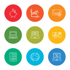 Poster - outline stroke online shop, cloud computing, smartphone, computer, online shop, laptop, payment method, line chart, piggy bank, vector line icons set on rounded colorful shapes