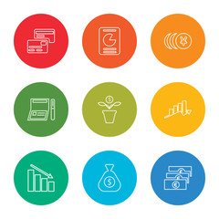 Poster - outline stroke money, money, loss, profits, growth, checkbook, money, analytics, cit card, vector line icons set on rounded colorful shapes