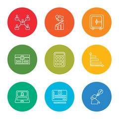 Poster - outline stroke idea, checkbook, banking, bar chart, calculator, money, safebox, growth, organization, vector line icons set on rounded colorful shapes