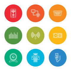 Poster - outline stroke usb, printer, web camera, wall socket, connection,  , vga, print, wireless internet, vector line icons set on rounded colorful shapes