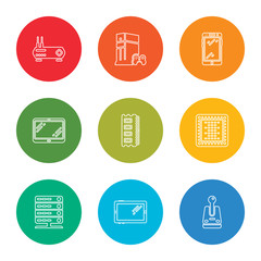 Fototapete - outline stroke joystick, tablet, server, chip, ram memory, tablet, smartphone, game console, router, vector line icons set on rounded colorful shapes