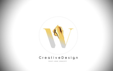 W Golden Letter Design Brush Paint Stroke. Gold Yellow w Letter Logo Icon with Artistic Paintbrush