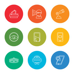 Poster - outline stroke smartphone, vehicle, cooker, smartphone, smartphone, eye, robot, augmented reality, surgery, vector line icons set on rounded colorful shapes