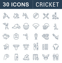 Set Vector Line Icons Of Cricket.